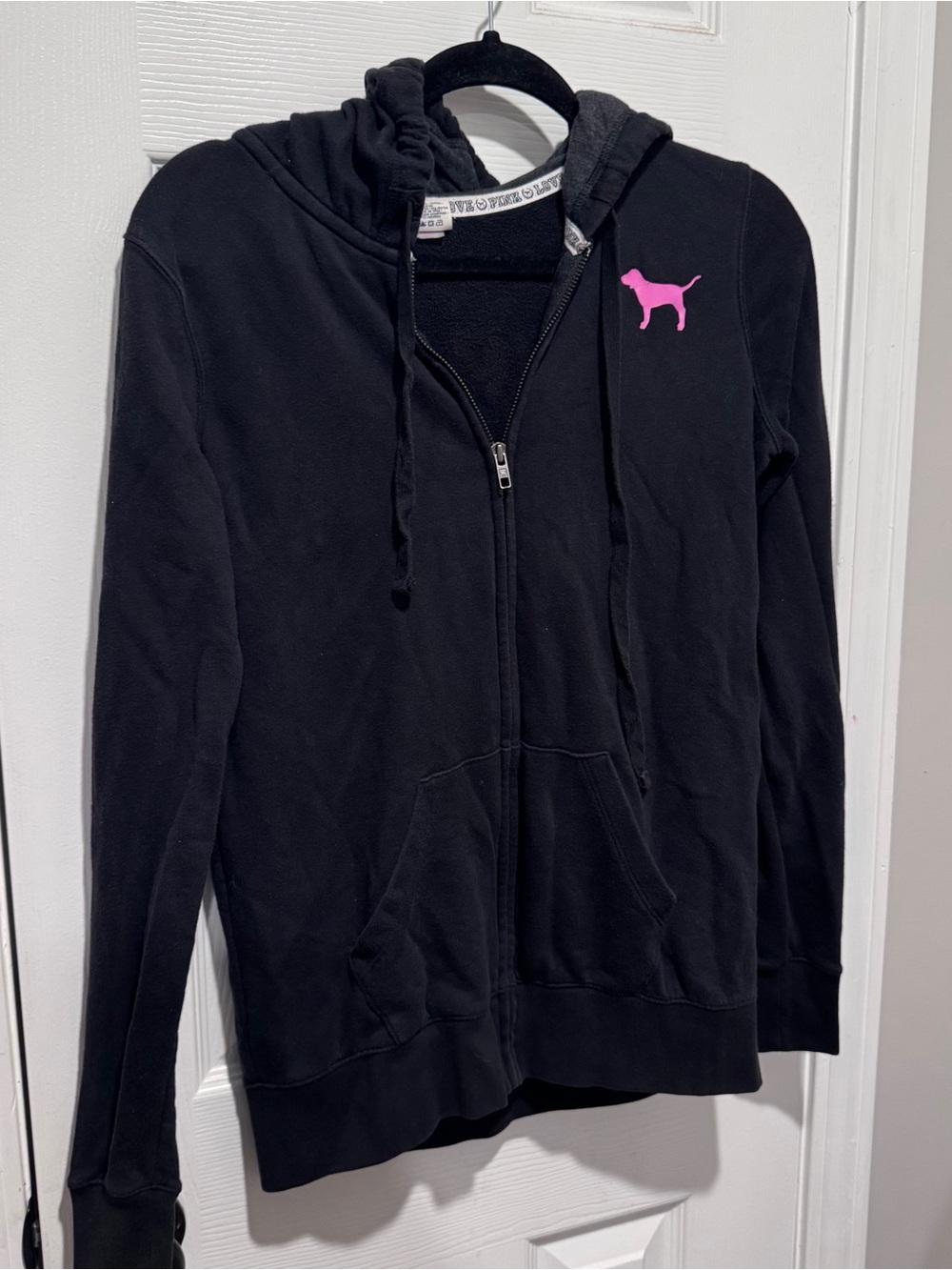 PINK Victoria’s Secret Black Zip Hoodie XS Love Pink 86 Graphic Sweatshirt